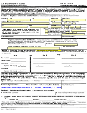 US I-9 Employment Eligibility Verification Form