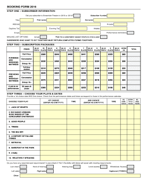 Ensemble Theatre Subscription Form 2016
