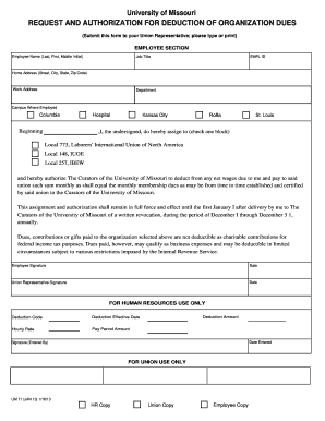University of Missouri Union Dues Authorization Form