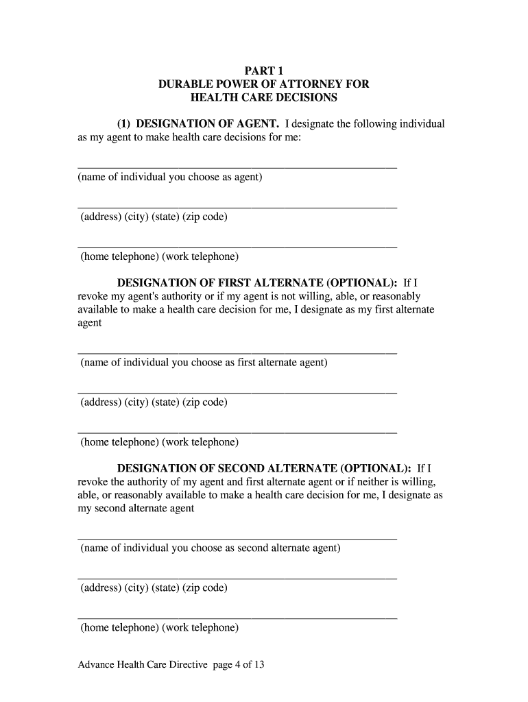 Fillable Online ADVANCE HEALTH CARE DIRECTIVE - Power of attorney Fax ...