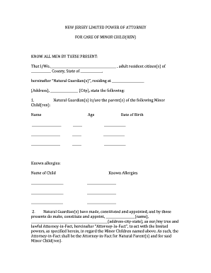 New Jersey Limited Power of Attorney for Care of Minor Child