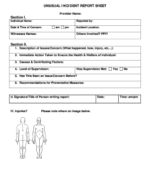 Unusual Incident Report Sheet