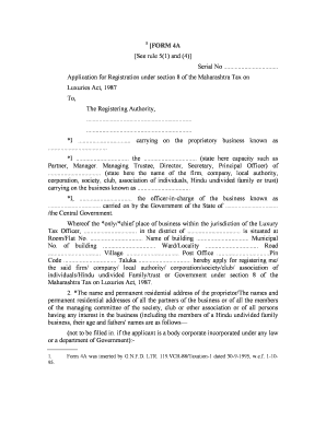 Form 4A Application for Registration under Maharashtra Tax on Luxuries Act