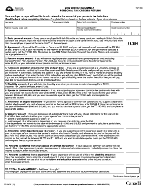 British Columbia TD1BC Personal Tax Credits Return