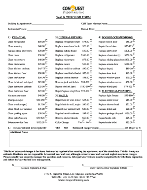 Apartment Vacate Cleaning and Repair Form