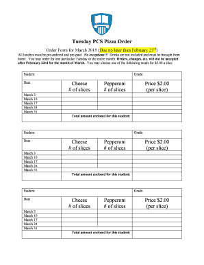 Pizza Order Form for March. 2015