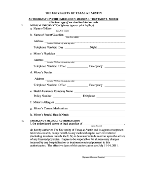 Authorization for Emergency Medical Treatment - Minor