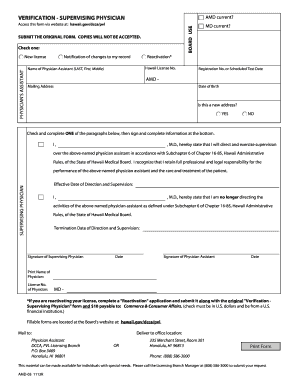 Hawaii Supervising Physician Verification Form