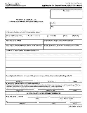 US Immigration Stay of Deportation Application