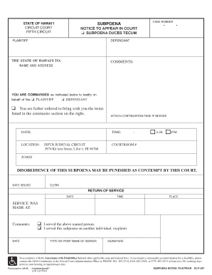 Hawaii Subpoena Notice to Appear