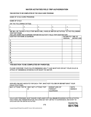 Water Activities Field Trip Authorization Form