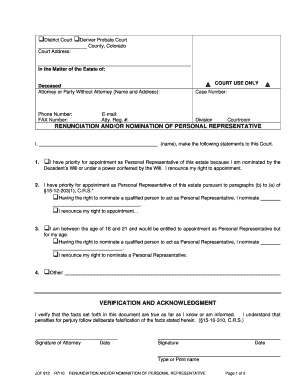 Colorado Renunciation and Nomination of Personal Representative