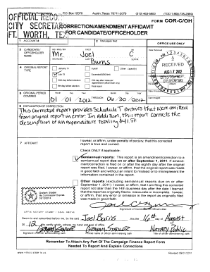 Texas Campaign Finance Report Correction Affidavit