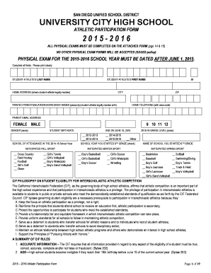 San Diego Unified School District Athletic Participation Form