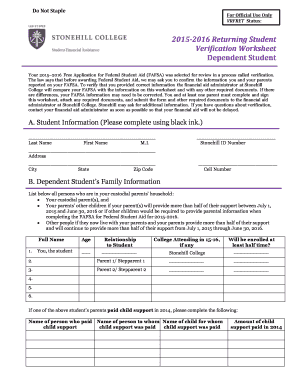 2015-2016 Returning Student Verification Worksheet
