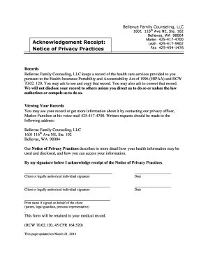 HIPAA Privacy Practices Acknowledgement Receipt