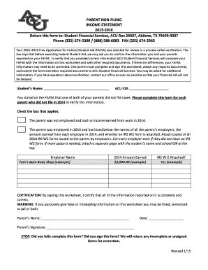 Example of financial statement - PARENT NON FILING INCOME STATEMENT 2015 2016 to Financial - acu