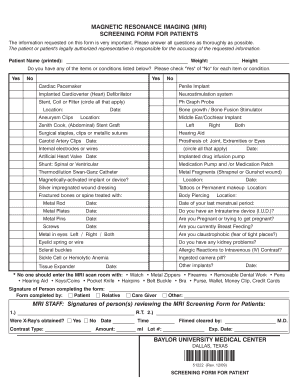 MRI Screening Form for Patients