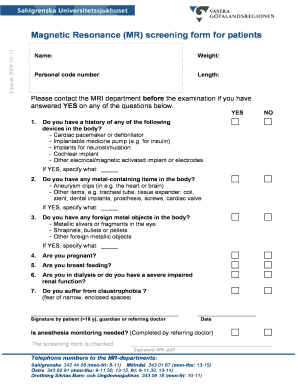 Magnetic Resonance Screening Form for Patients