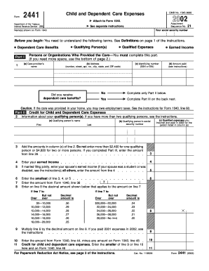 IRS Form 2441 Child and Dependent Care Expenses