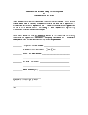 Cancellation and No Show Policy Acknowledgement