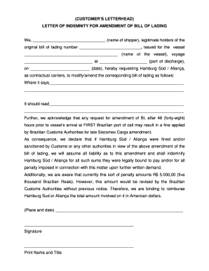 Letter of Indemnity for Bill of Lading Amendment