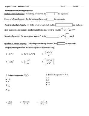 Algebra I Unit 1 Review Worksheet