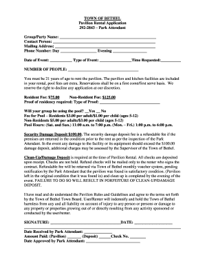 TOWN OF BETHEL Pavilion Rental Application 292-2843 Park - town bethel ny