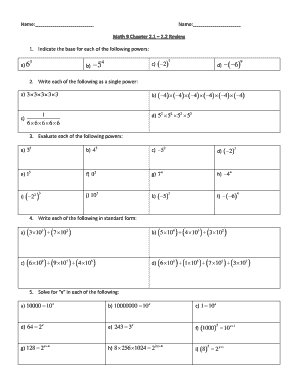 Math 9 Chapter 2.1 – 2.2 Review Worksheet