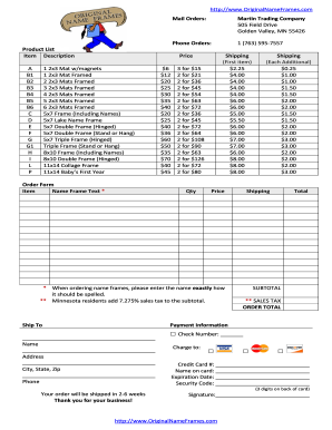 Name Frame Order Form