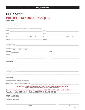 Eagle Scout Project Marker Plaque Order Form