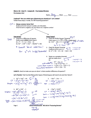 Factoring Review Worksheet