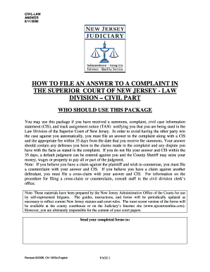 New Jersey Civil Law Answer Form