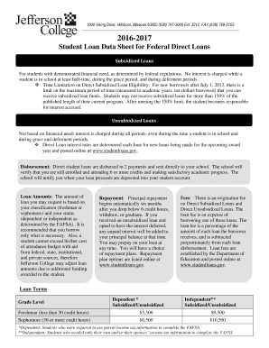 Student Loan Data Sheet for Federal Direct Loans