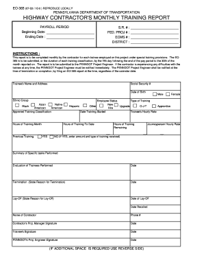 Pennsylvania Highway Contractor's Monthly Training Report