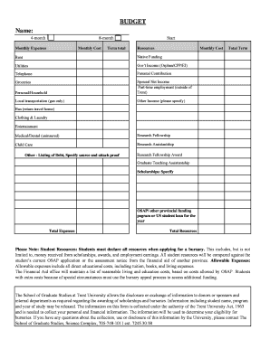 Weekly home budget template - Grad Bursary Budget Form - Trent University - trentu