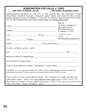 Calls 'n' Cues Subscription Form
