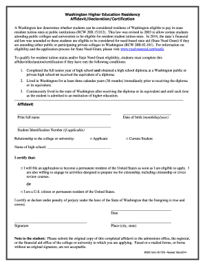 Washington Residency Affidavit for In-State Tuition