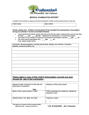 Missouri Preschool Medical Examination Report