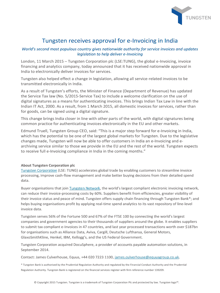 Fillable Online Tungsten receives approval for eInvoicing in India Fax