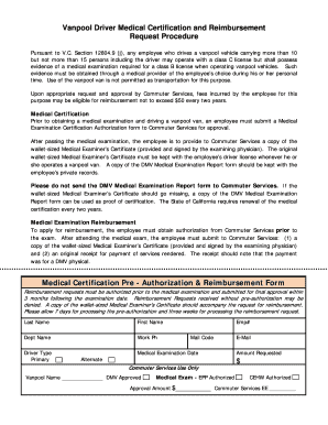 Vanpool Driver Medical Certification and Reimbursement Request