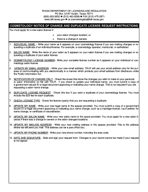 Texas Cosmetology Notice of Change and Duplicate License Request