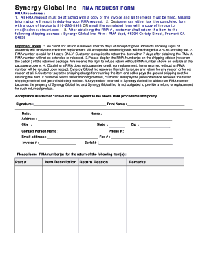 Synergy Global Inc RMA Request Form