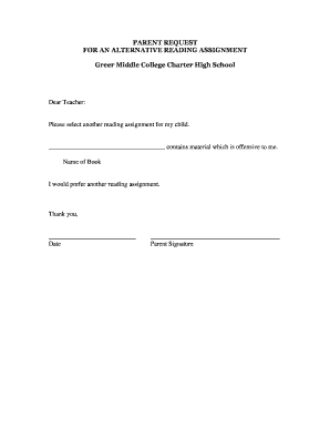 Parent Request for Alternative Reading Assignment