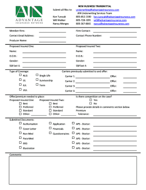 Insurance Underwriting Transmittal Form