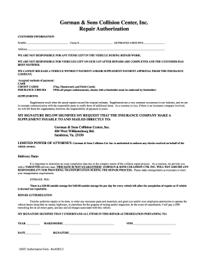 Gorman & Sons Collision Center Repair Authorization