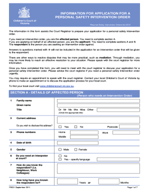 Personal Safety Intervention Order Application