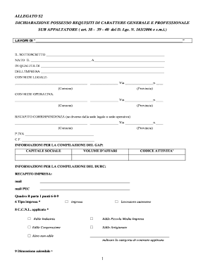 Dichiarazione Possesso Requisiti di Carattere Generale e Professionale Sub Appaltatore