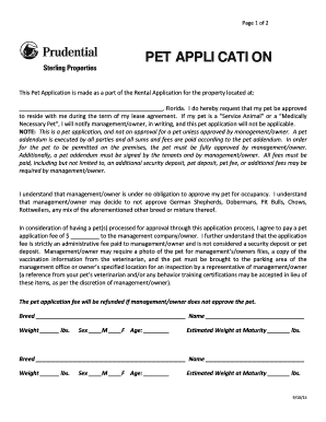 Pet Application for Rental Property