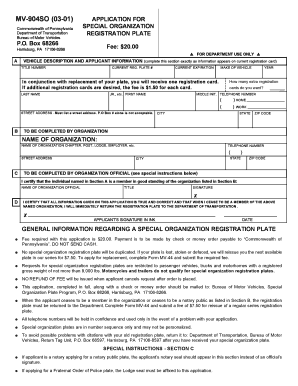 Pennsylvania Special Organization Registration Plate Application